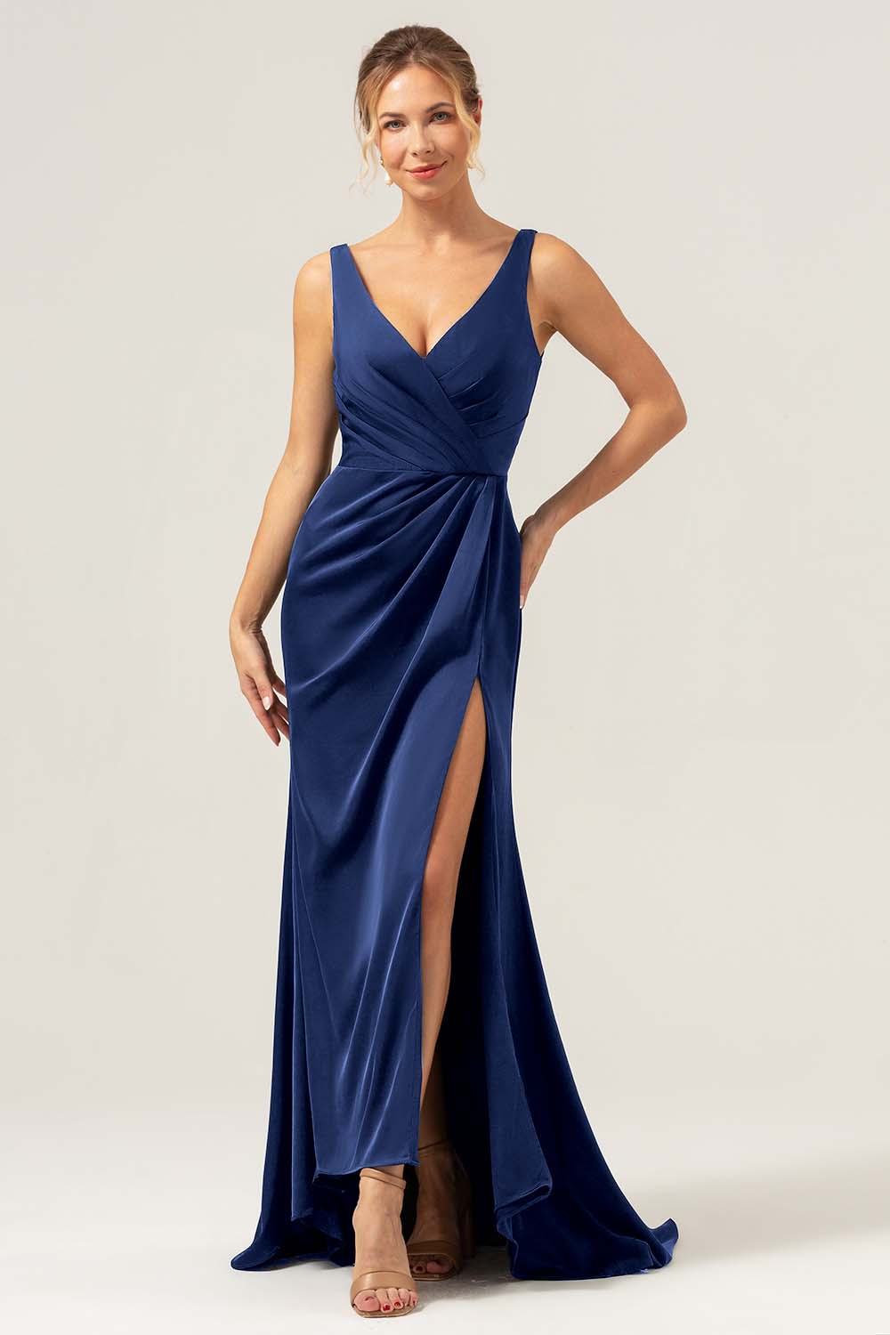 Burgundy Mermaid V Neck Ruched High Low Long Satin Bridesmaid Dress with Slit
