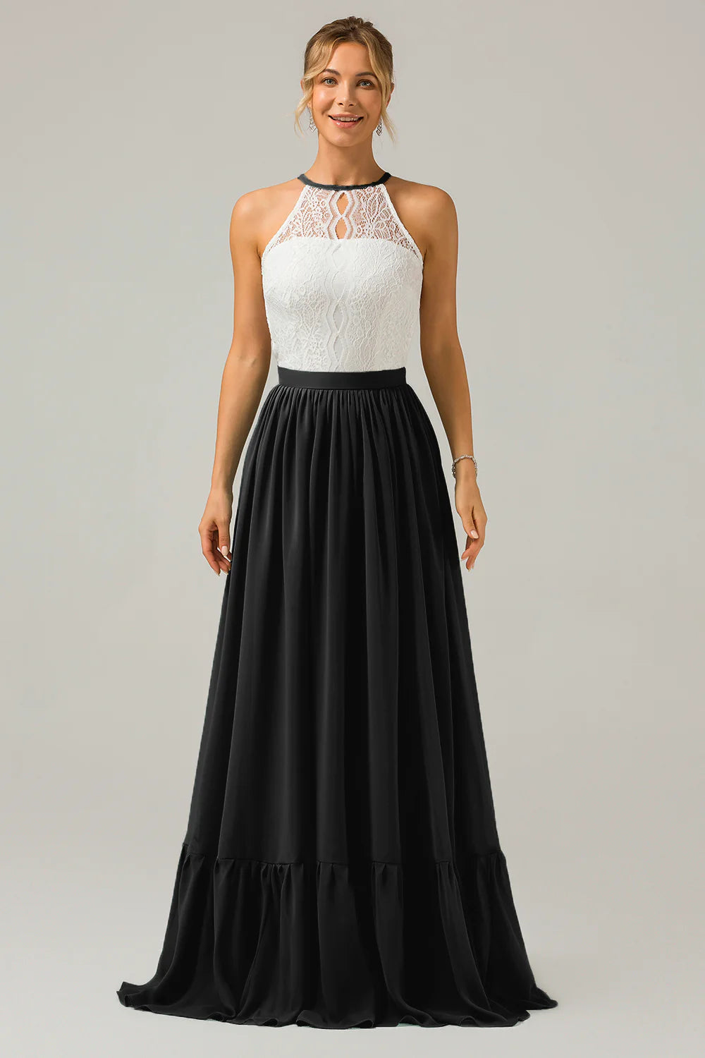 A Line Halter Pleated Keyhole Chiffon Bridesmaid Dress With Lace