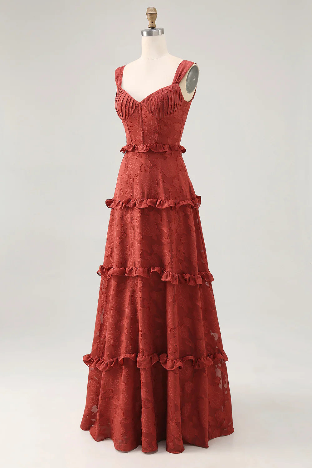 Terracotta A line Ruffled Floral Burnout Maxi Bridesmaid Dress with Lace Up Back