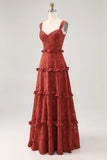 Terracotta A line Ruffled Floral Burnout Maxi Bridesmaid Dress with Lace Up Back