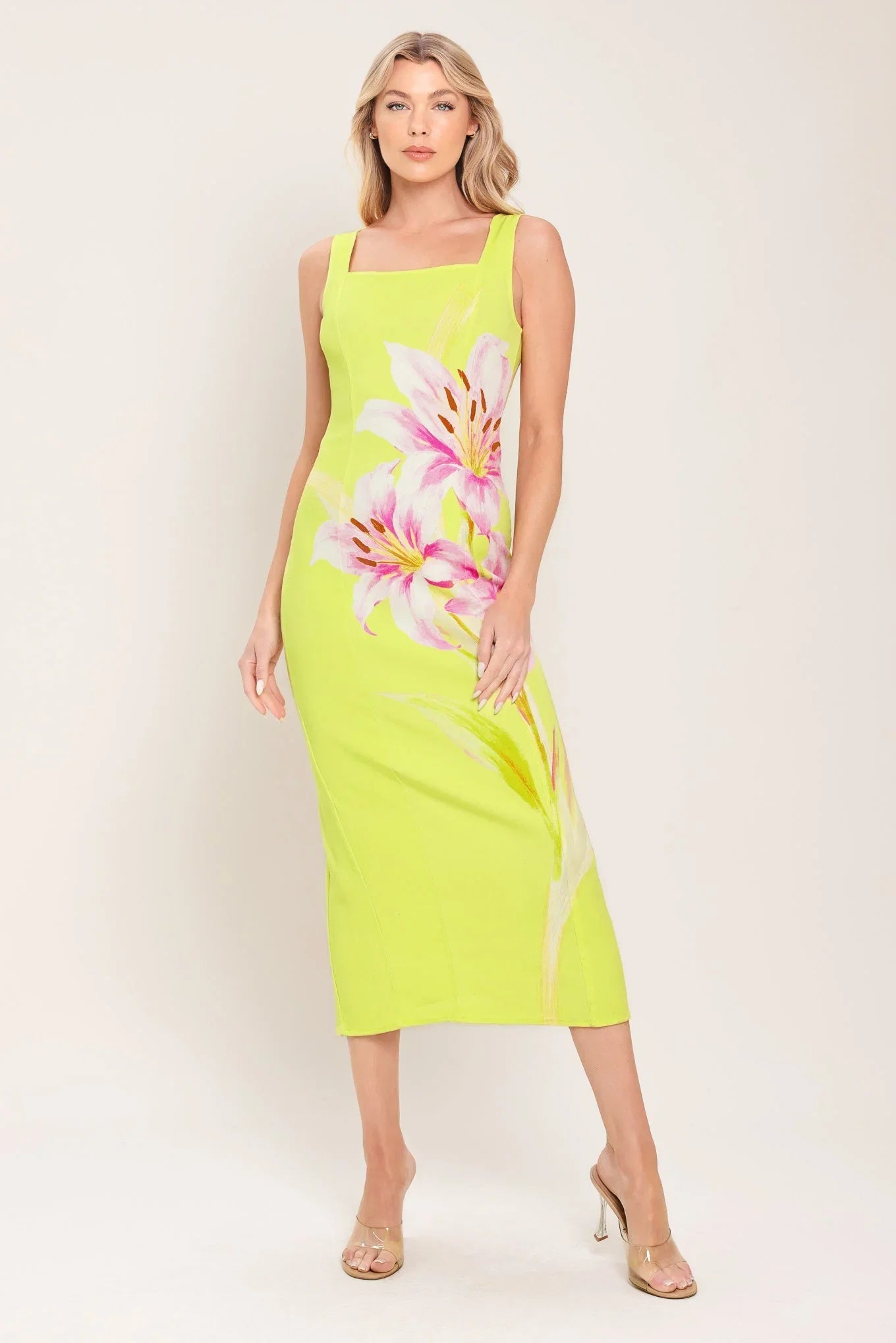 LUSH LIME MIDI DRESS WITH SQUARE NECKLINE