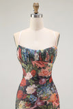 Black Flower Sheath Spaghetti Straps Print Maxi Dress with Lace Up Back
