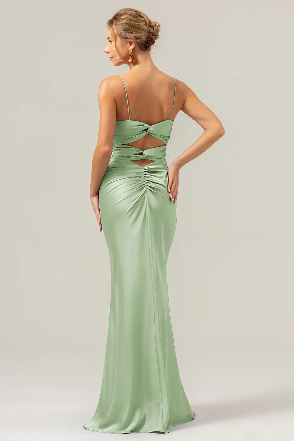 Purple Mermaid Spaghetti Straps Front Pleated Long Bridesmaid Dress