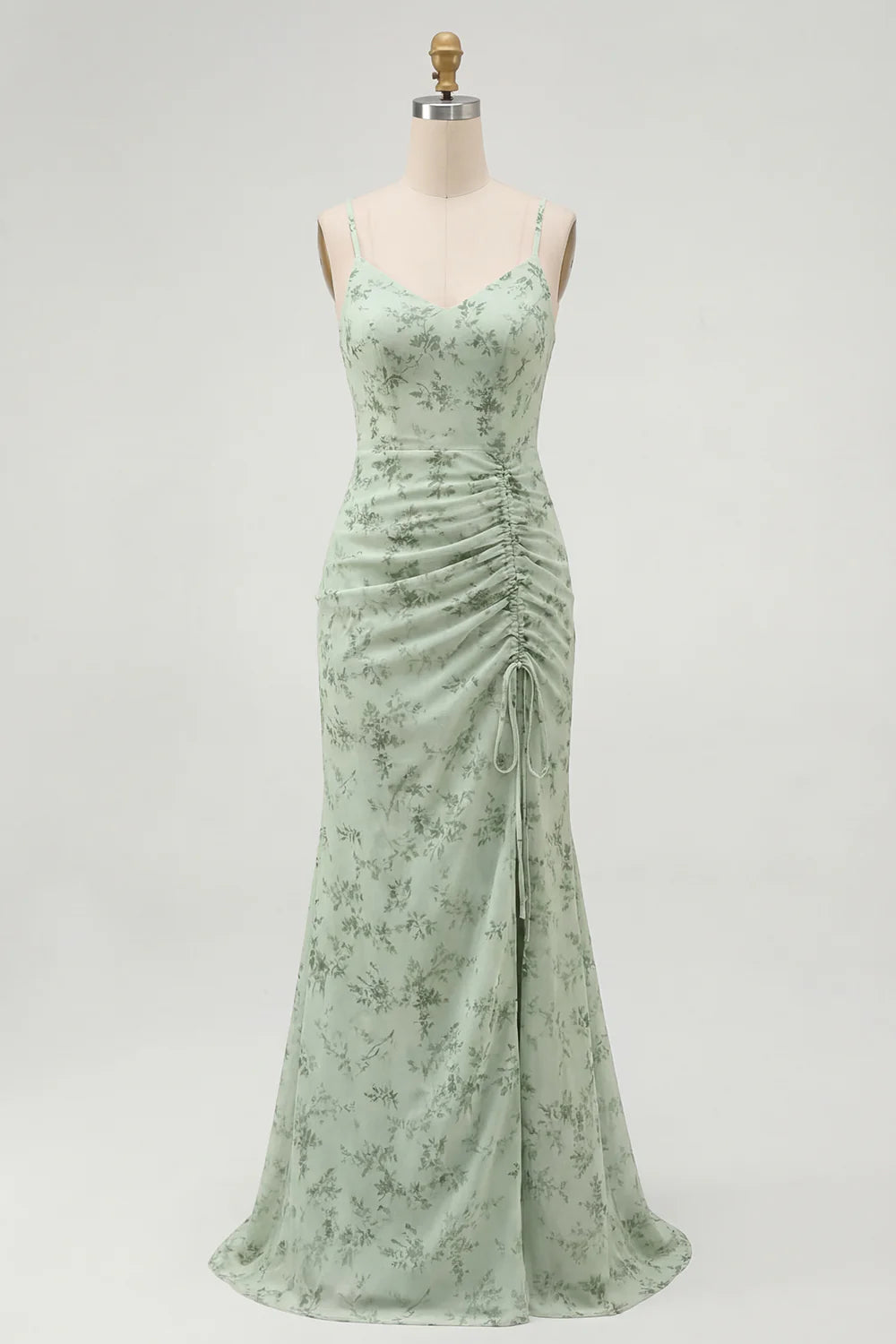 Dusty Sage Mermaid Ruched Maxi Prom Dress with Slit