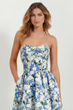 Light Blue Floral Sweetheart A Line Printed Maxi Dress with Pockets