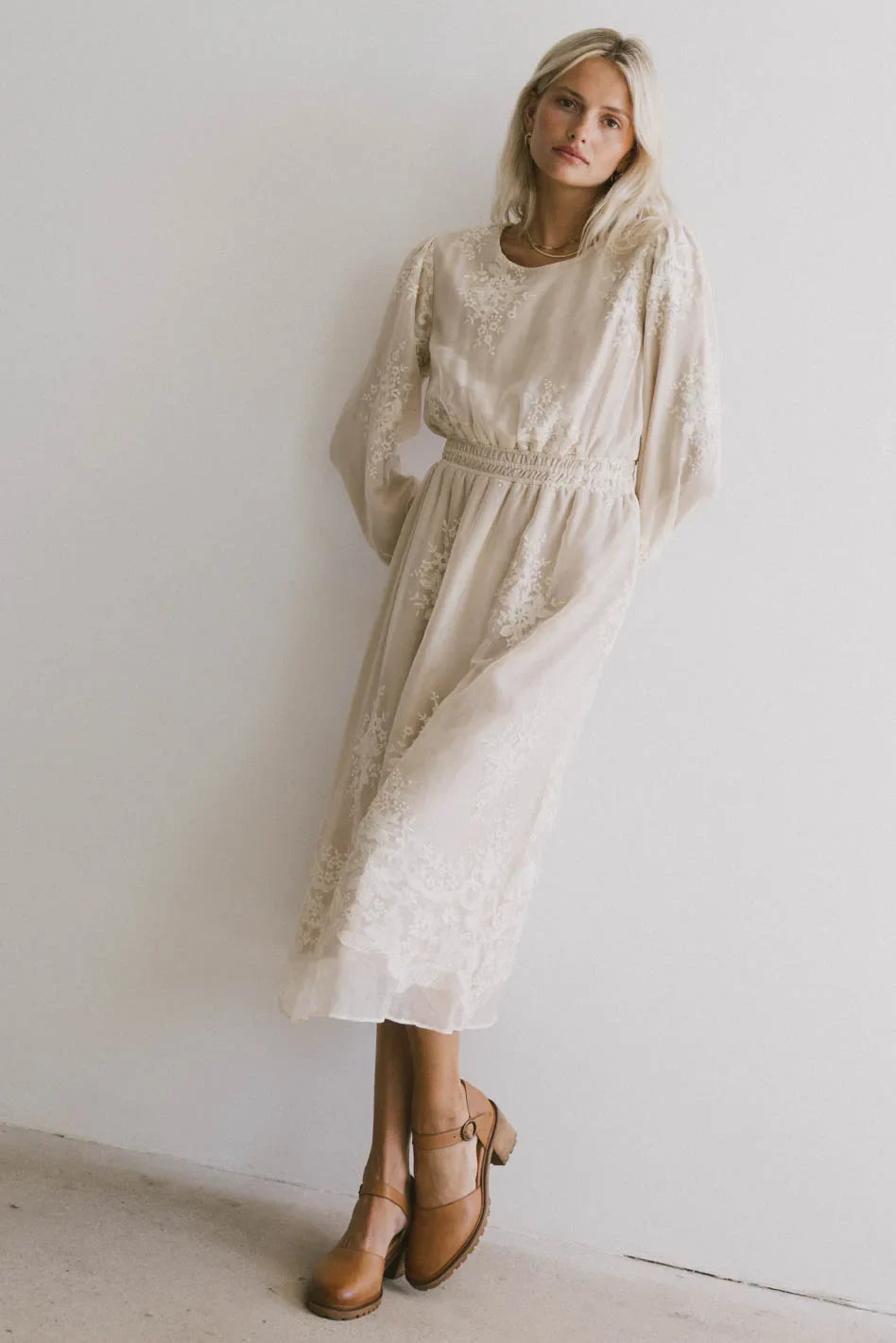 Andee Embroidered Midi Dress in Champagne FINAL SALE