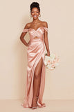 Blush Pink Mermaid Off the Shoulder Cut Out Satin Bridesmaid Dress with Slit