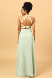 Dusty Sage Long Chiffon Bridesmaid Dress with Slit