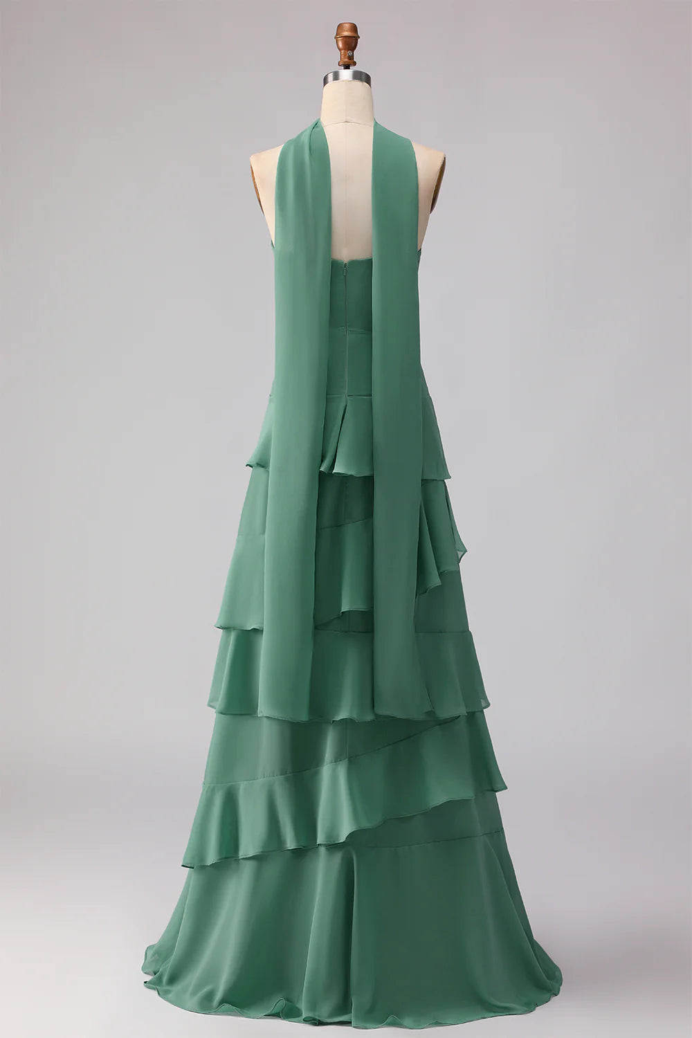 Eucalyptus Sweetheart A Line Tiered Ruffled Long Bridesmaid Dress with Streamer