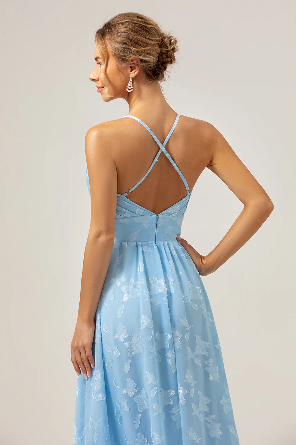Light Blue A Line V Neck Pleated Long Embroidered Bridesmaid Dress