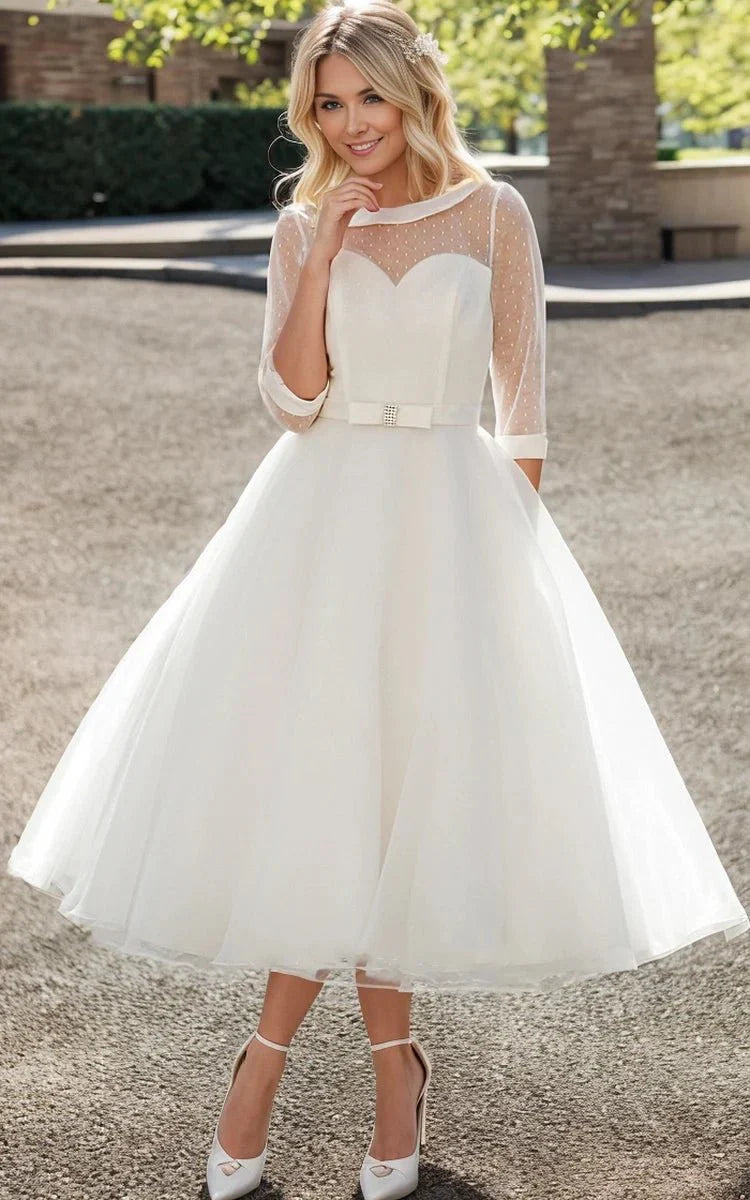 Tea Length A Line Bateau Neck Illusion Sleeve Bowed Tulle Wedding Dress