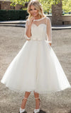 Tea Length A Line Bateau Neck Illusion Sleeve Bowed Tulle Wedding Dress