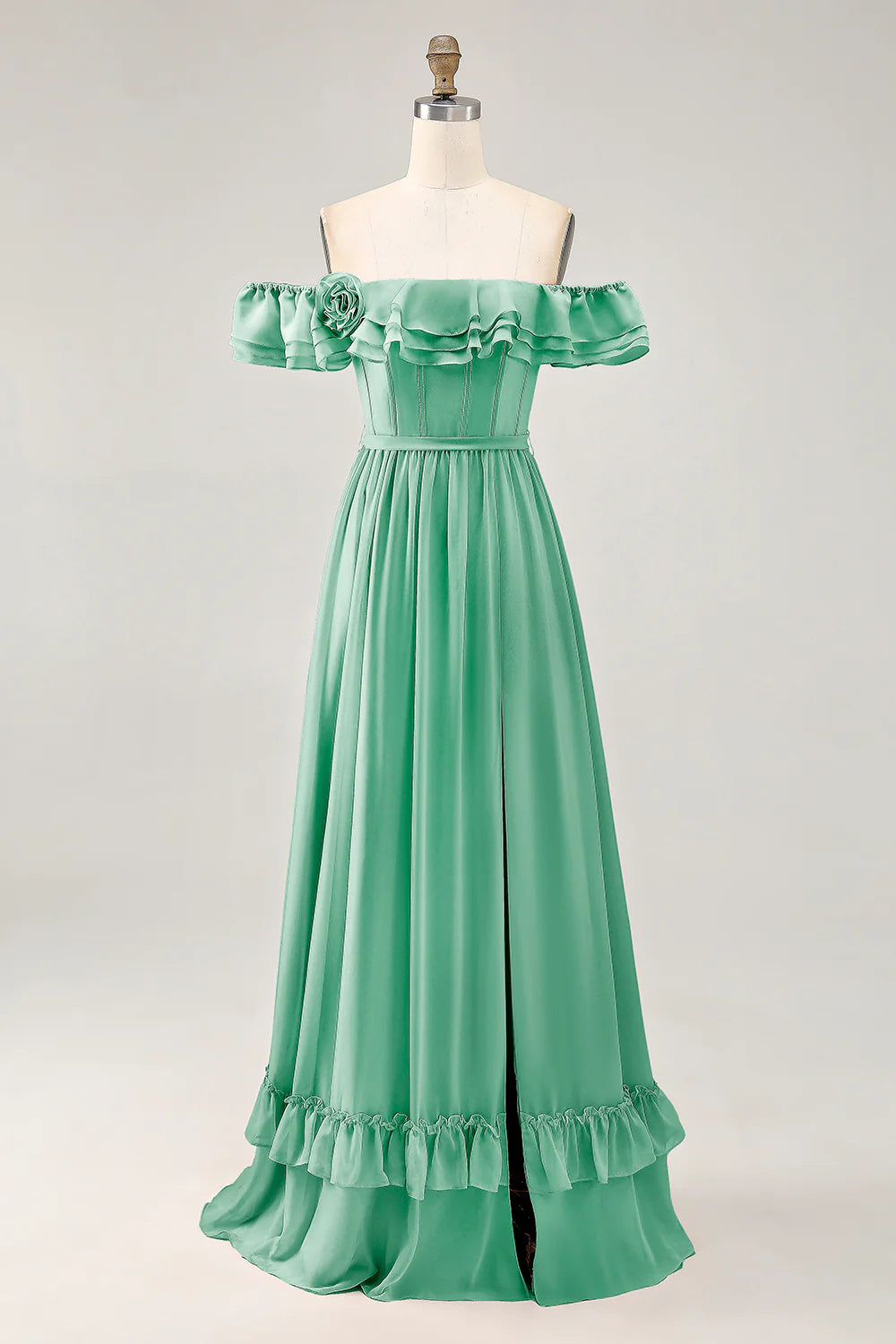 Dusty Sage A line Off The Shoulder Chiffon Long Bridesmaid Dress with Slit