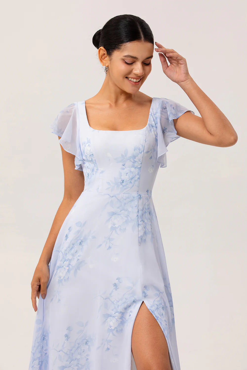 Blue Flower A Line Square Neck Chiffon Flutter Sleeves Long Bridesmaid Dress with Slit