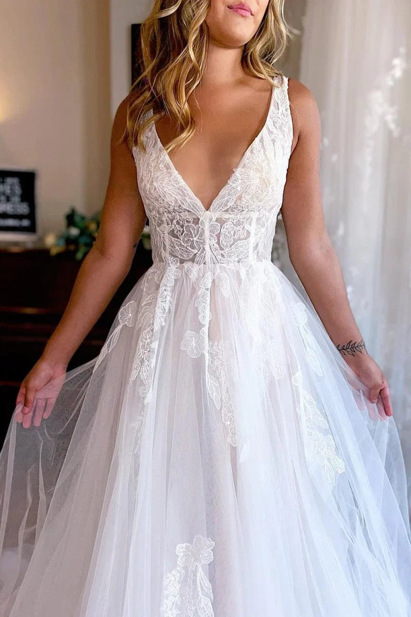 Ivory A Line Deep V Neck Backless Long Wedding Dress with Lace