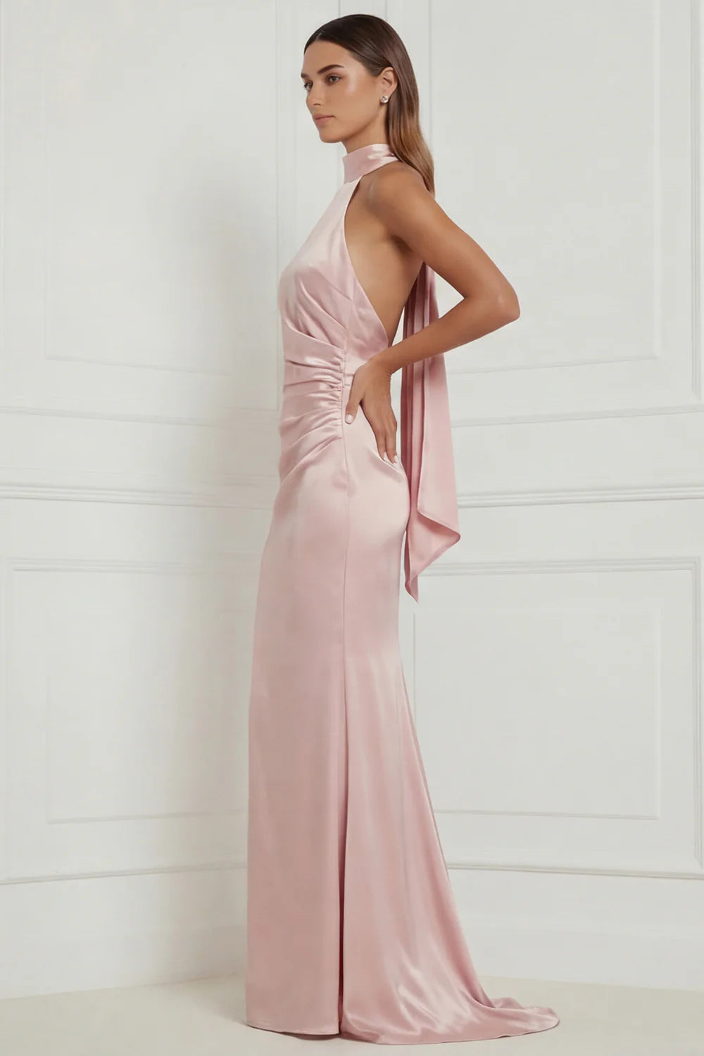 Sage Green Floral Mermaid Halter Printed Long Bridesmaid Dress with Streamer