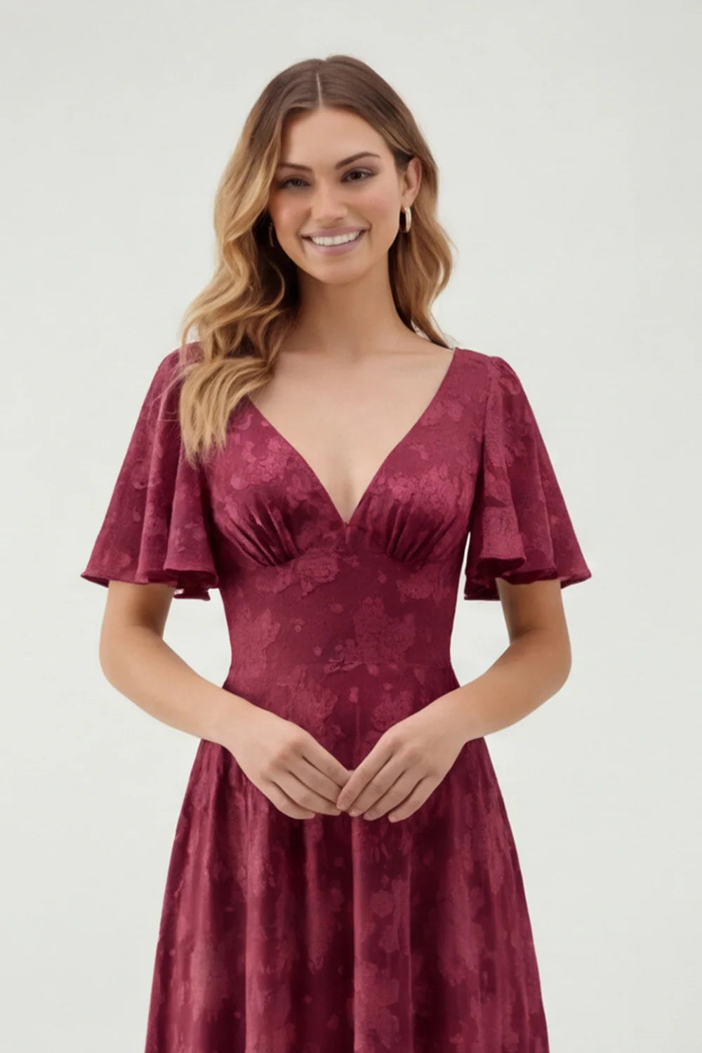 A Line Sage Green Floral Jacquard Flutter Sleeves Maxi Dress with Bow Back