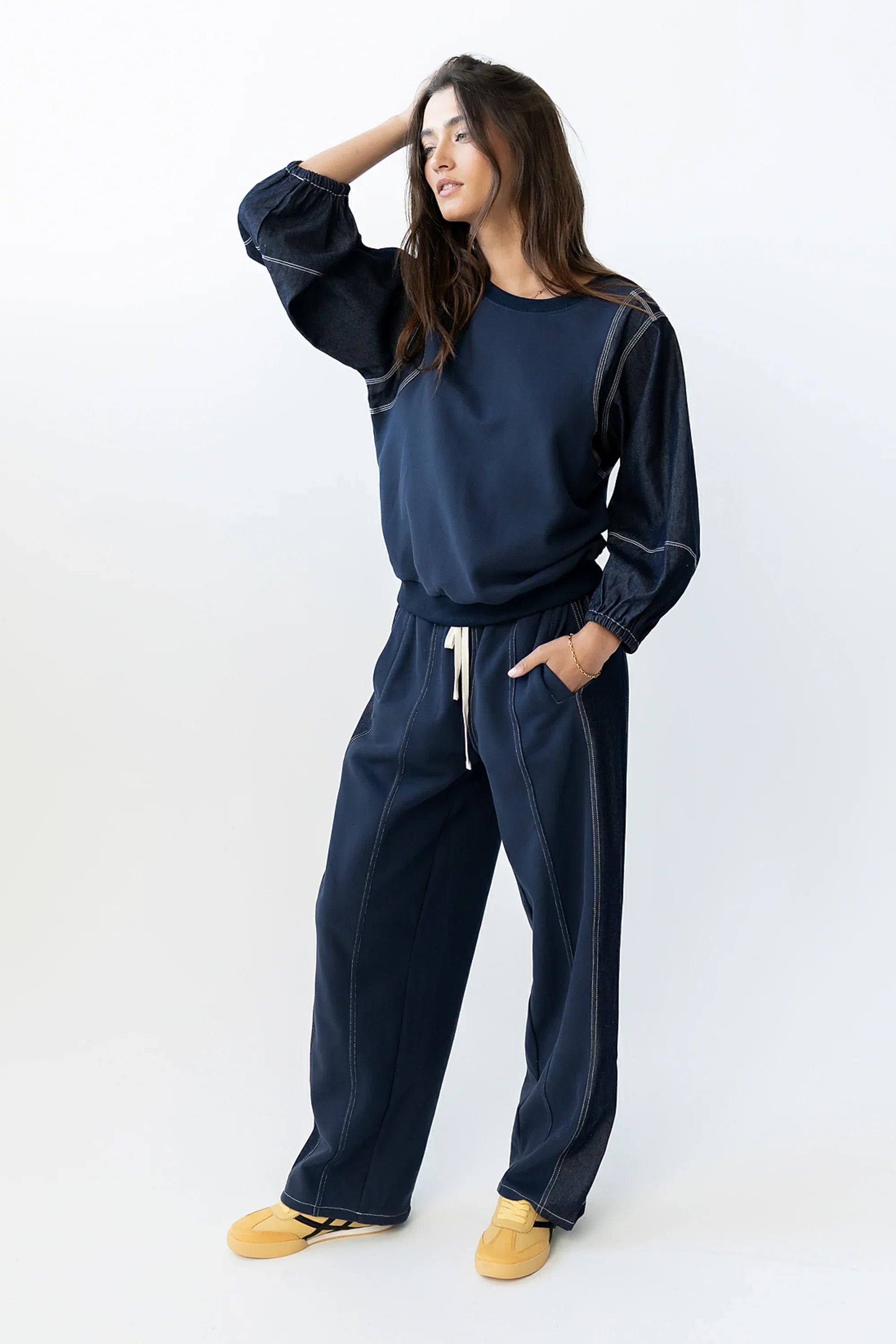 Malinda Mixed Media Baggy Pants in Dark Wash FINAL SALE