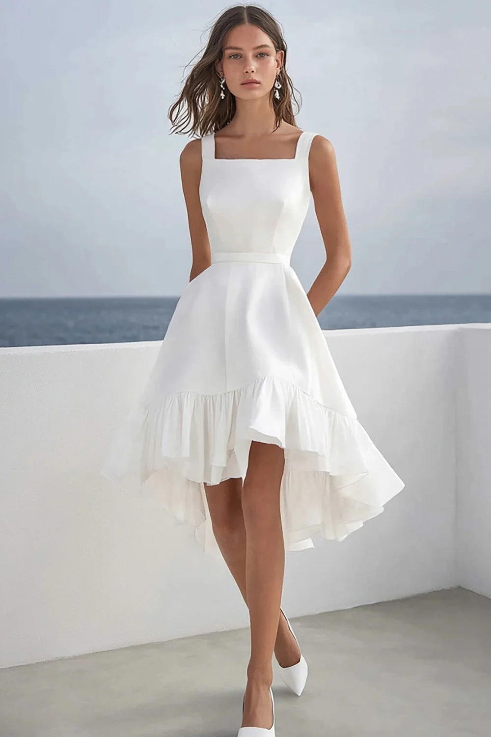 A Line Square Neck White Simple Short Graduation Dress With Ruffles