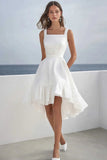 A Line Square Neck White Simple Short Graduation Dress With Ruffles