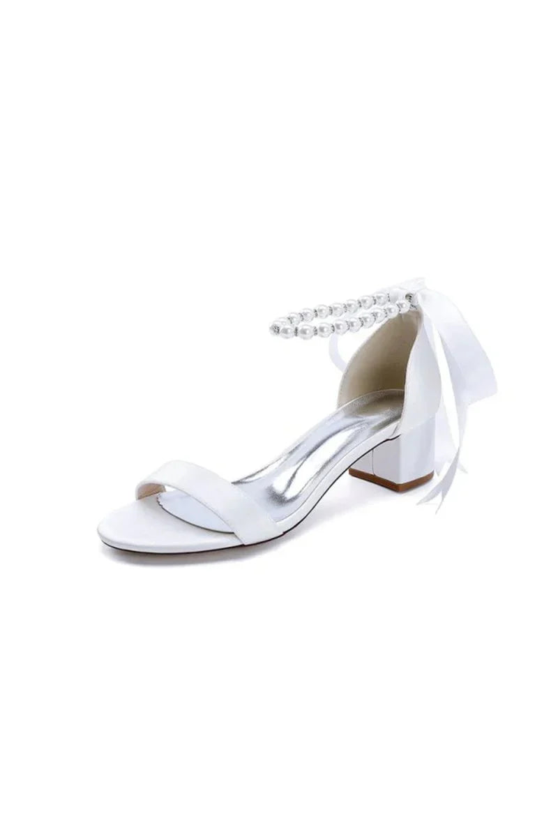 Block Heel Sandal Adorned with Pearl Ankle Band and Ribbon Bow