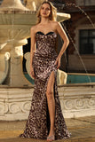 Mermaid Coffee Leopard Sweetheart Corset Long Prom Dress with Slit