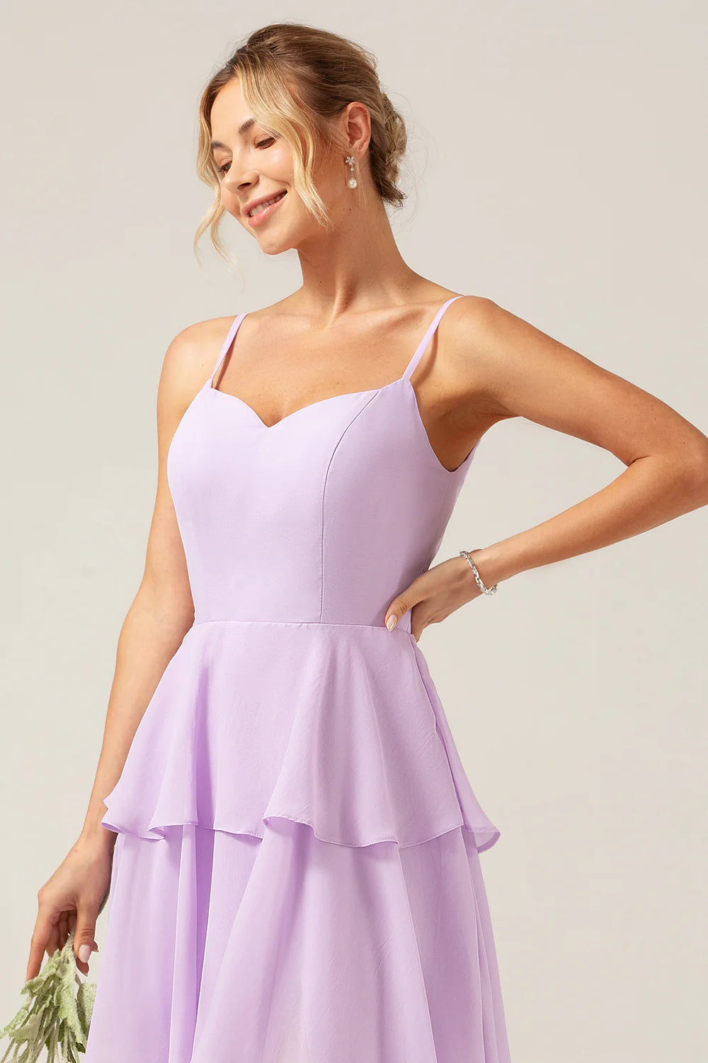 A Line Spaghetti Straps Tiered Floor Length Lilac Bridesmaid Dress With Slit
