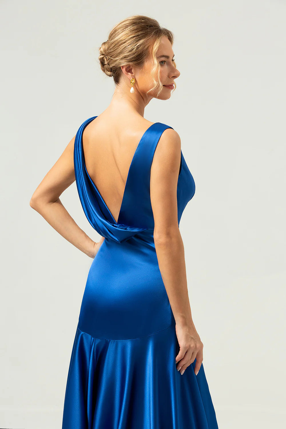 A Line V Neck Satin Ruched Long Ink Blue Bridesmaid Dress with Slit