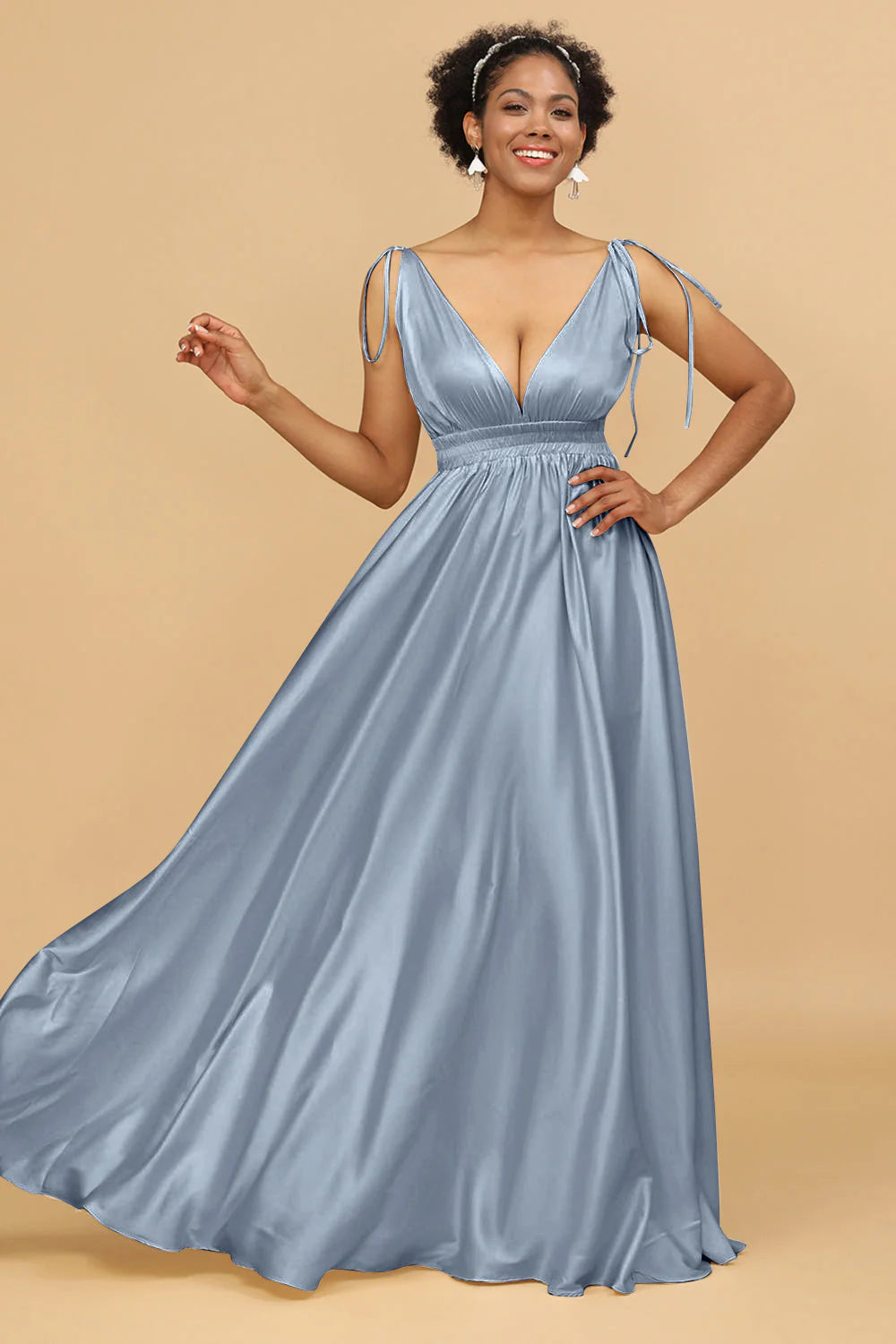A Line Deep V Neck Backless Floor Length Bridesmaid Dress