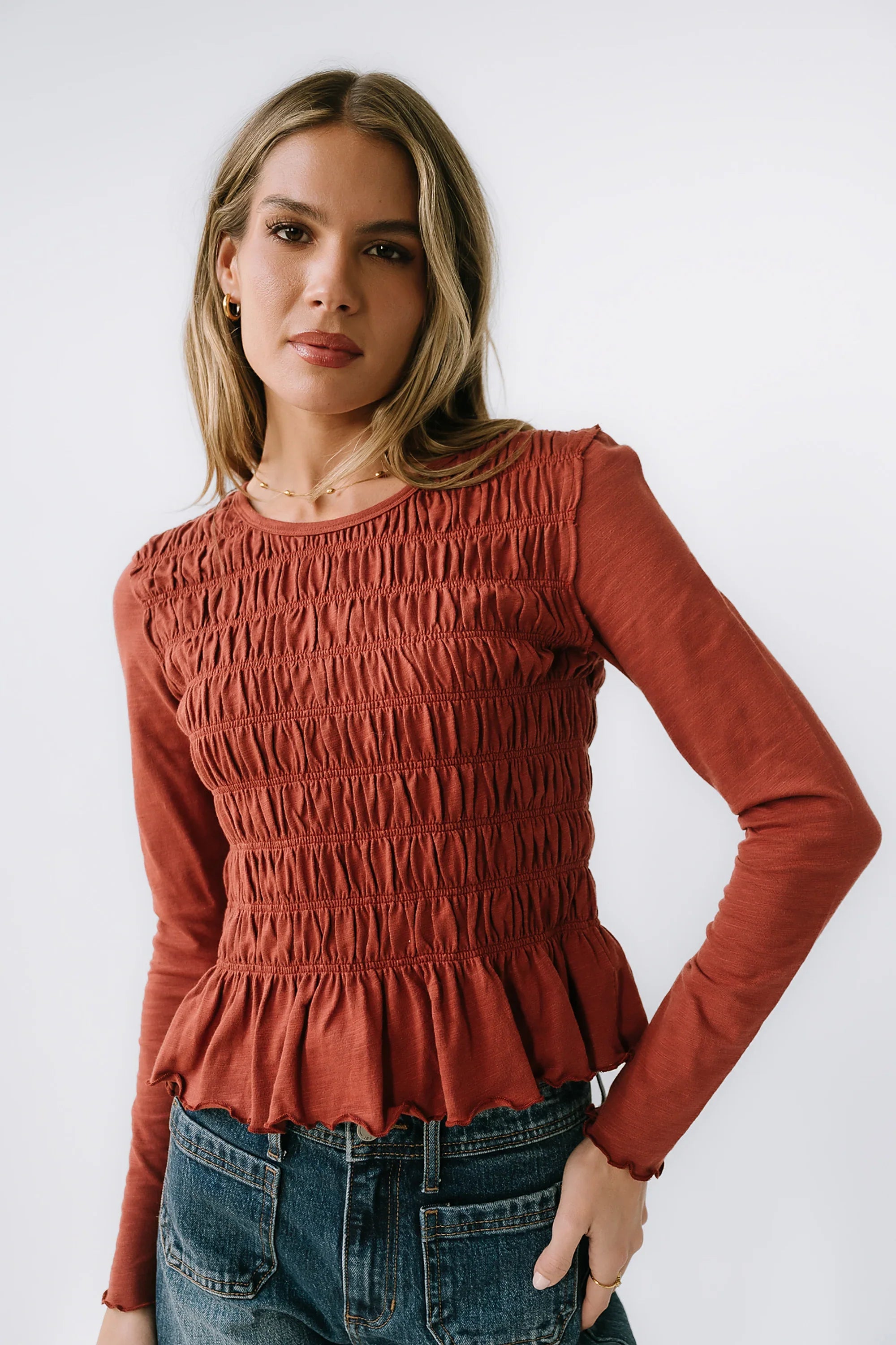 Harry Smocked Top in Brick FINAL SALE