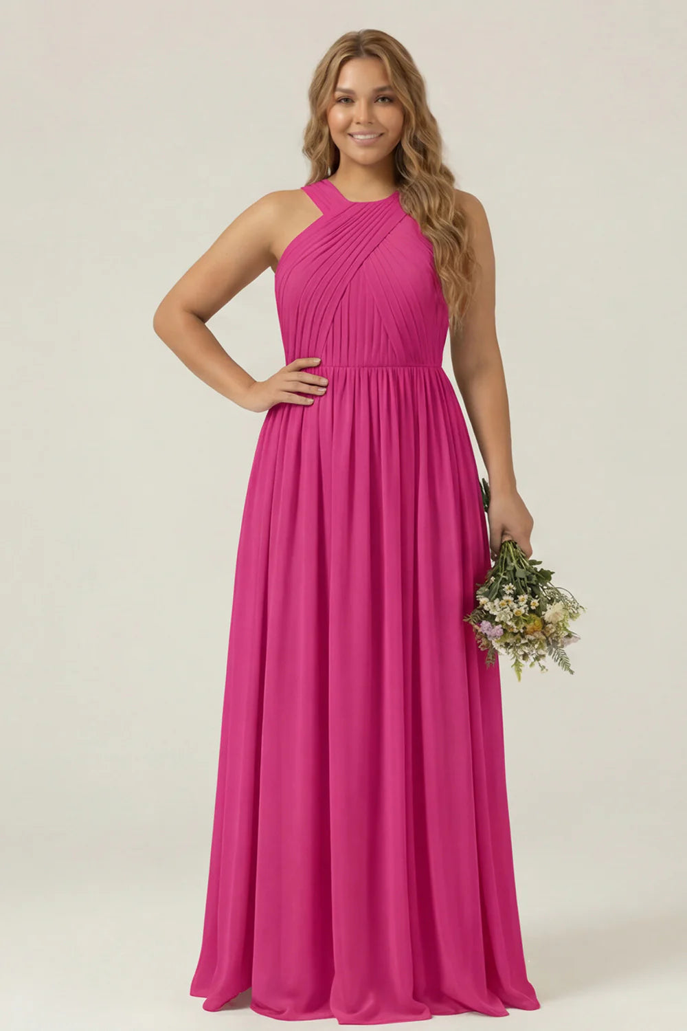 Dusty Sage Plus Size Halter A Line Chiffon Long Bridesmaid Dress