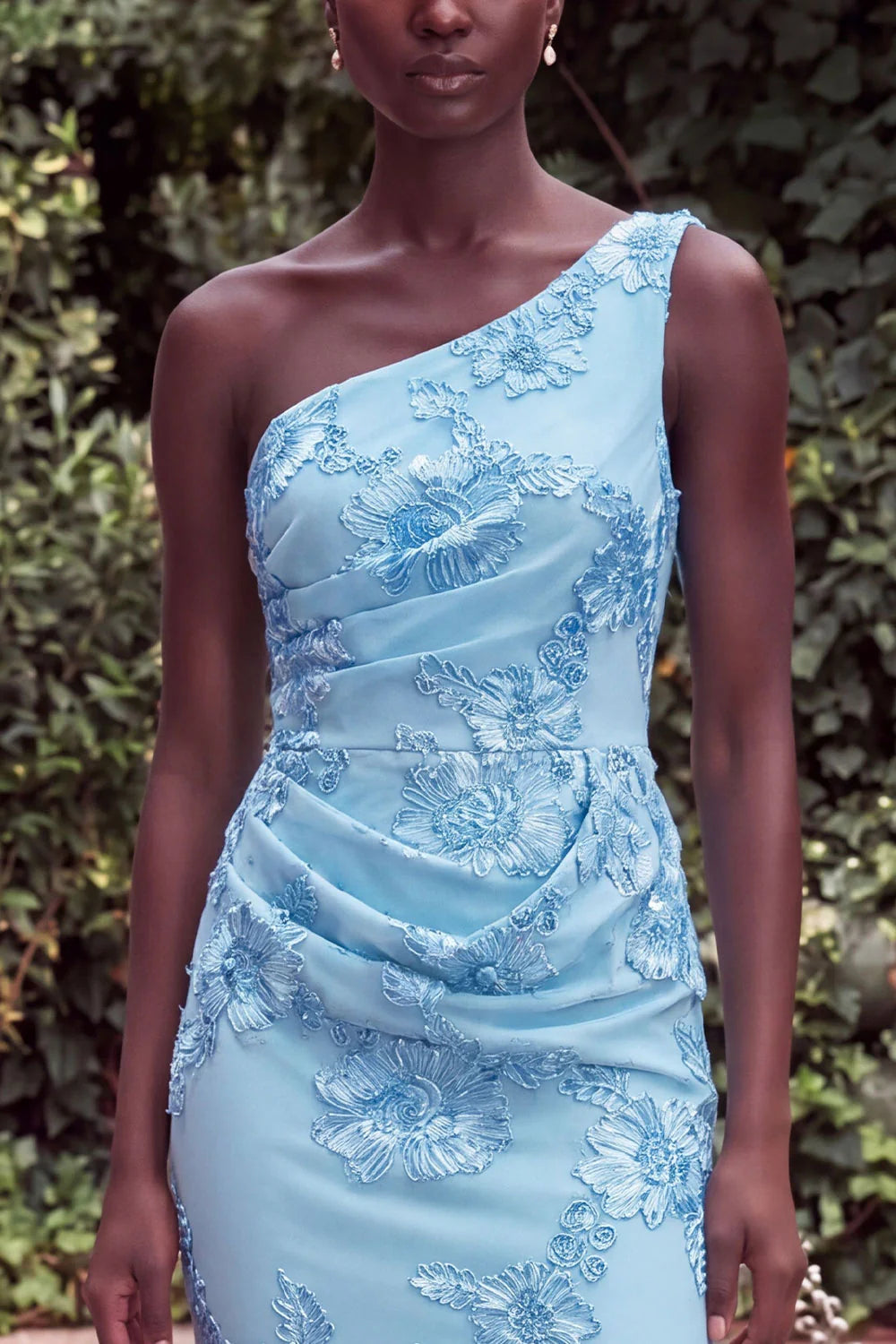 Sage Floral Embroidery One Shoulder Mermaid Wedding Guest Dress