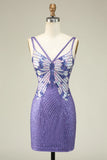 Sparkly Purple Sheath Sequins Short Homecoming Dress with Lace Up Back