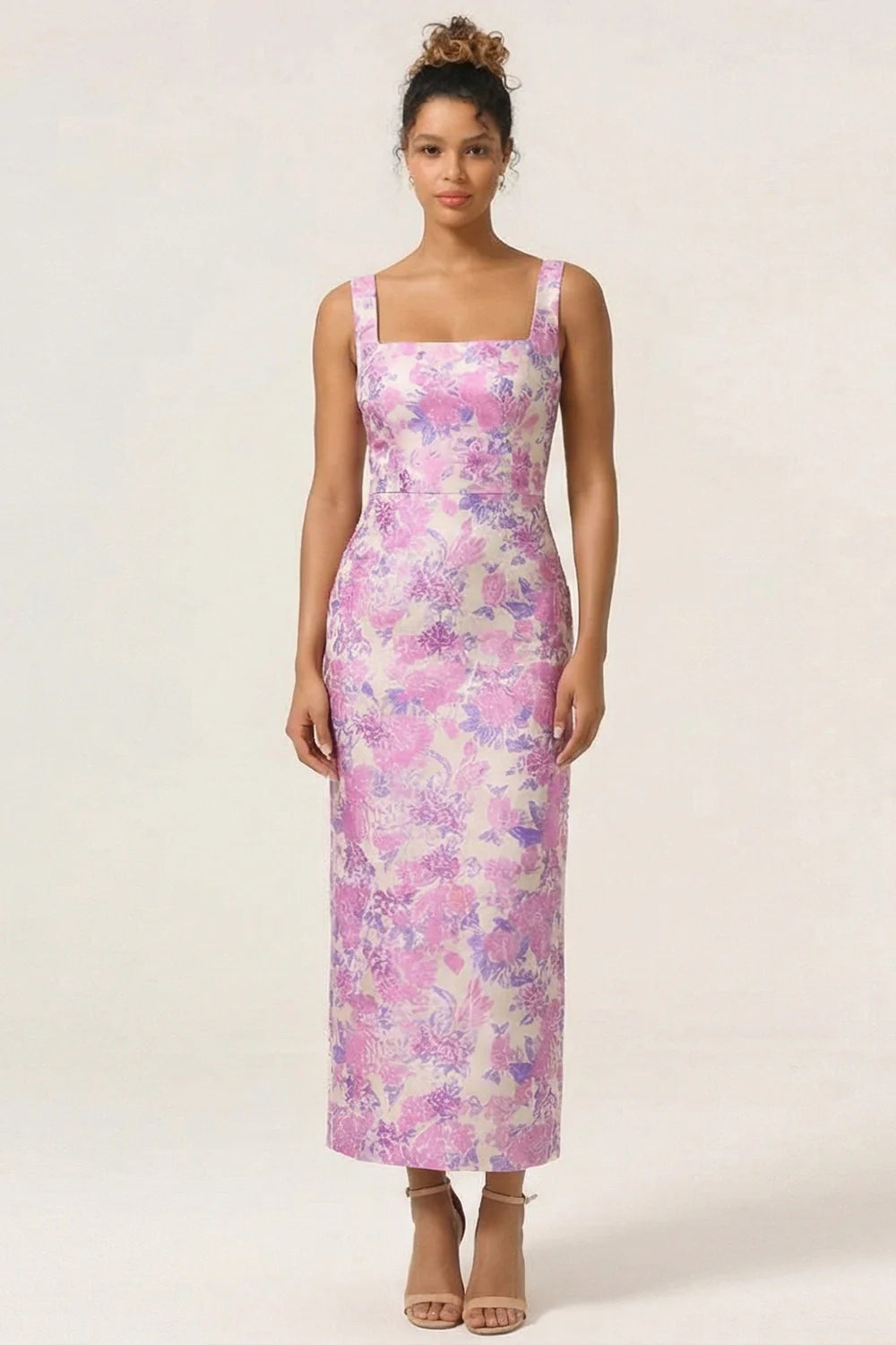 Lilac Flower Sheath Square Neck Ankle Length Wedding Guest Dress