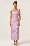 Lilac Flower Sheath Square Neck Ankle Length Wedding Guest Dress