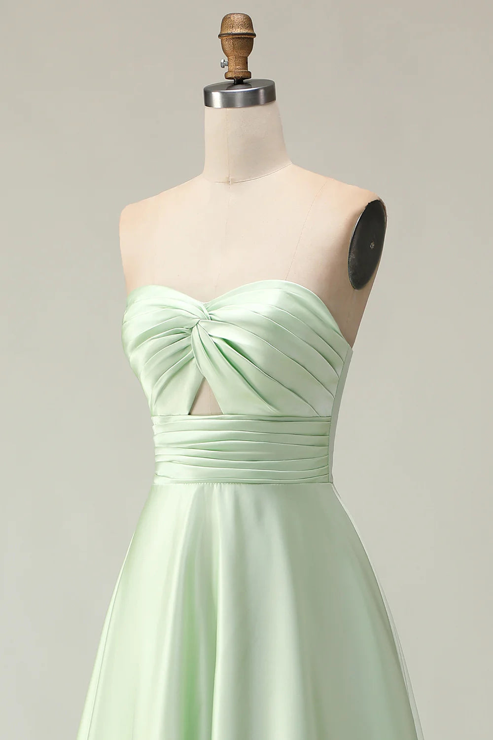 Sage Green A Line Strapless Satin Long Bridesmaid Dress with Lace Up Back