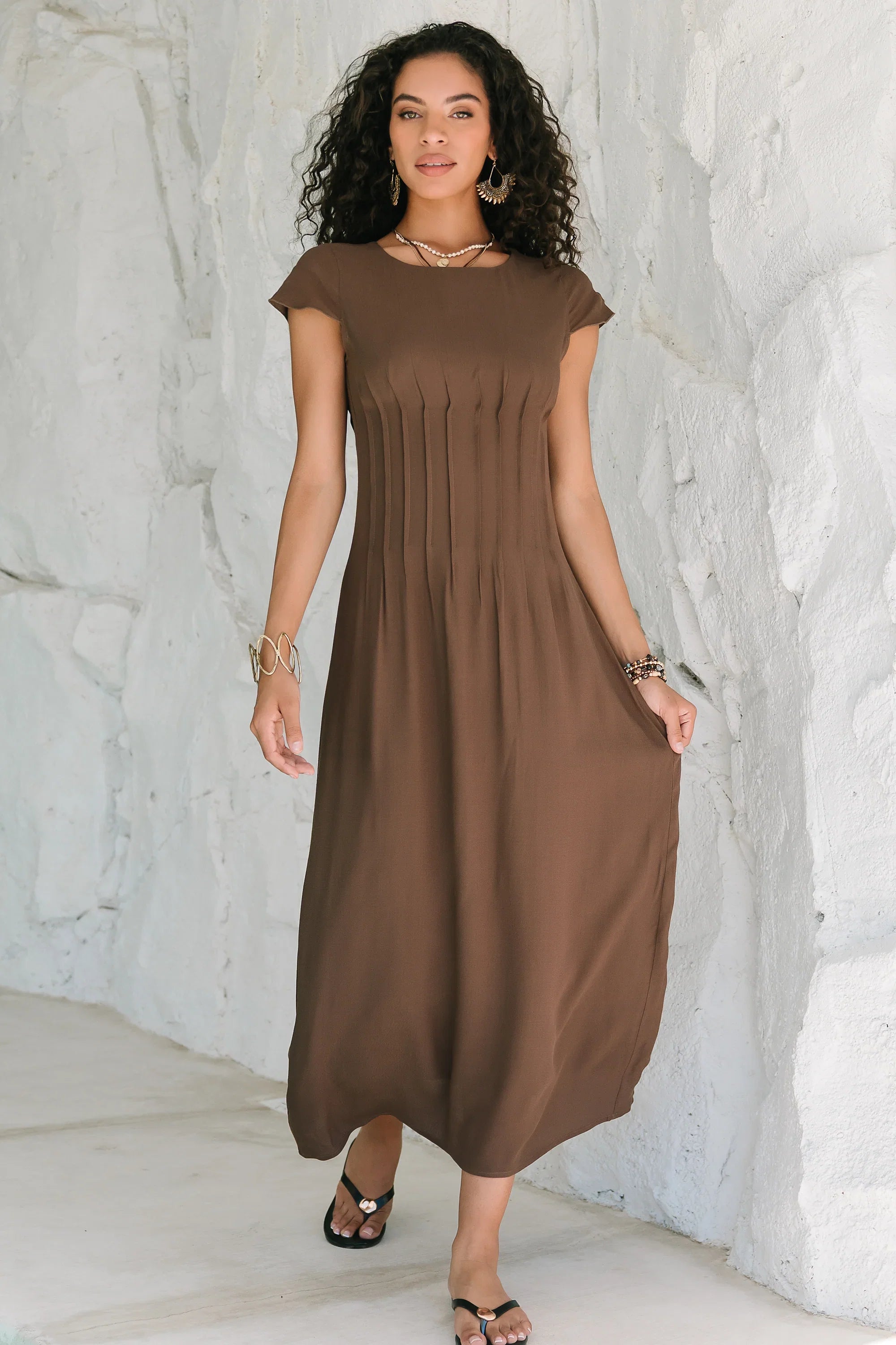 Carolina Pleated Maxi Dress in Brown
