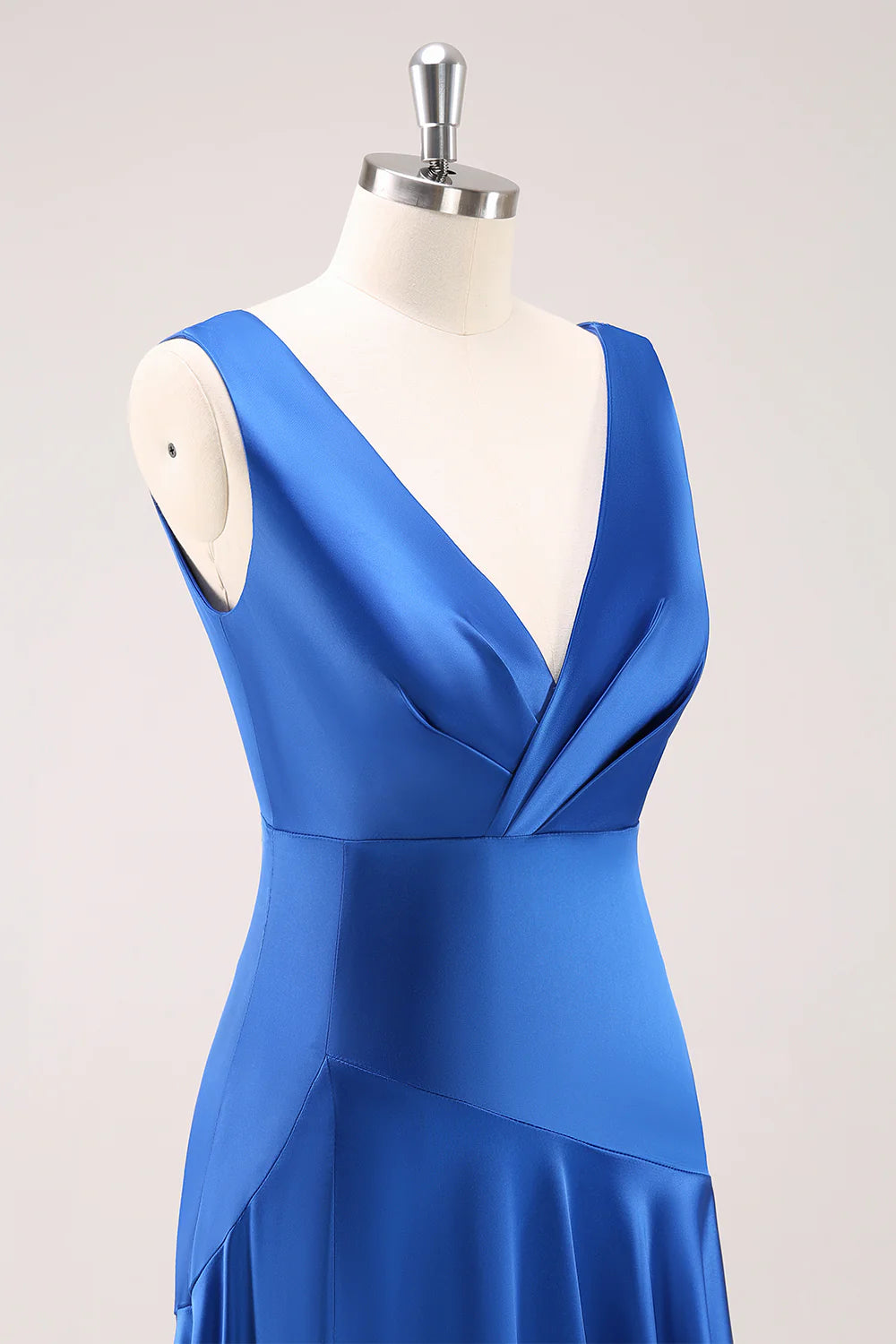 Ink Blue A Line V Neck Satin Ruched Long Bridesmaid Dress with Slit