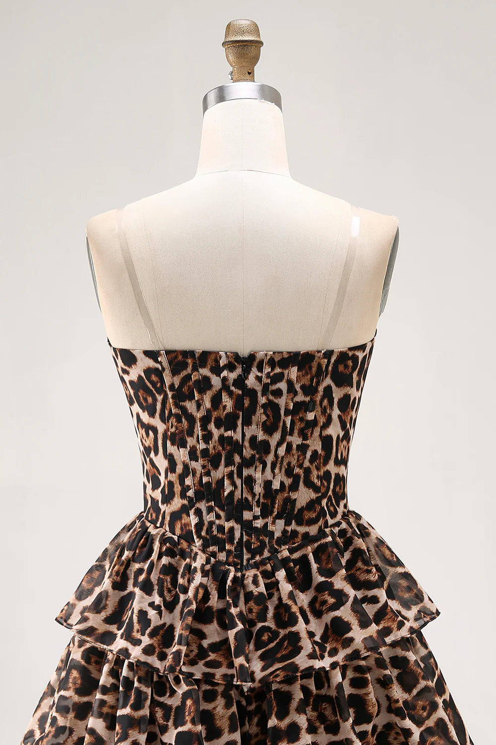Brown Leopard Strapless Ruffled A Line Corset Mini Homecoming Dress