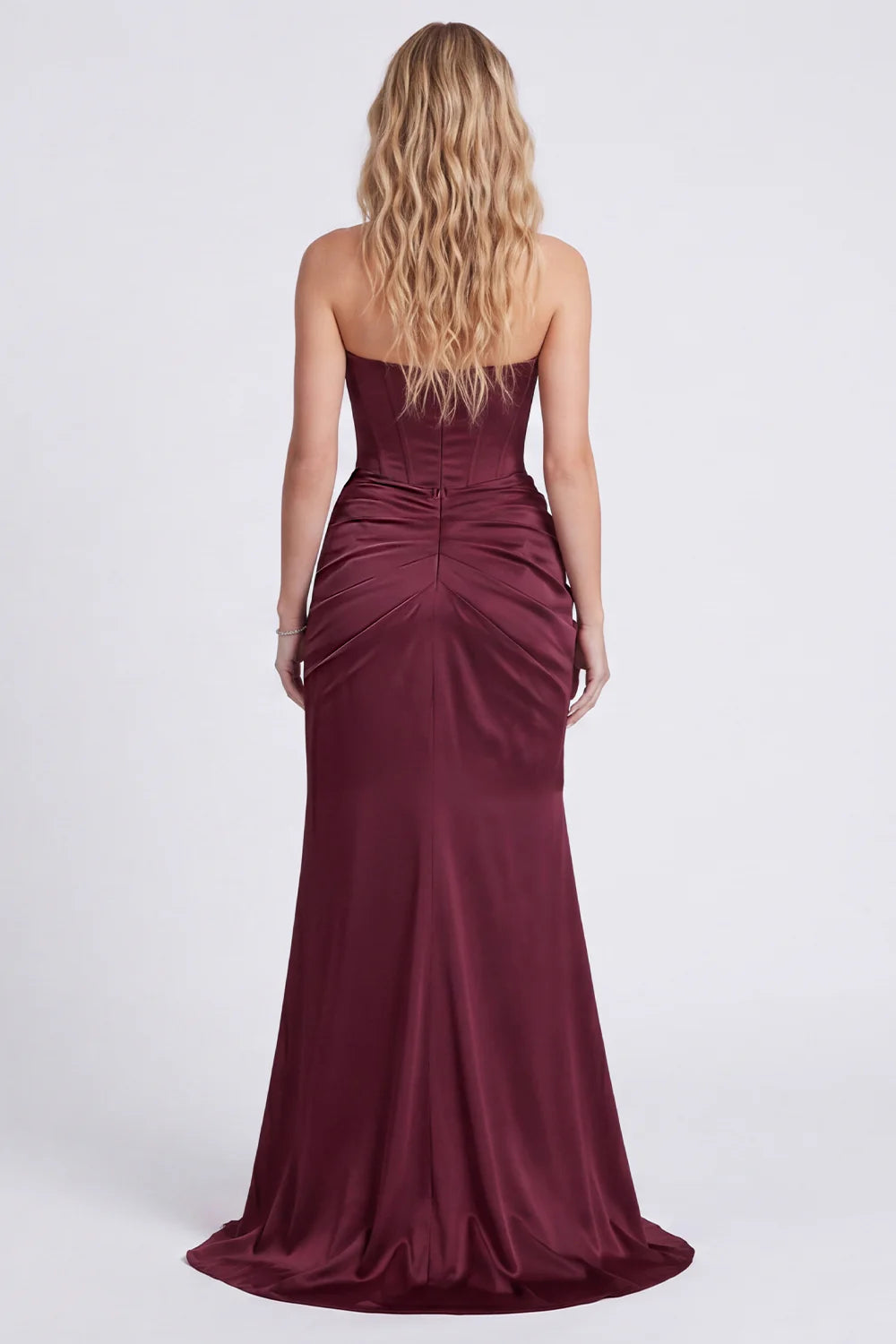 Burgundy Strapless Mermaid Ruched Corset Formal Dress with Slit