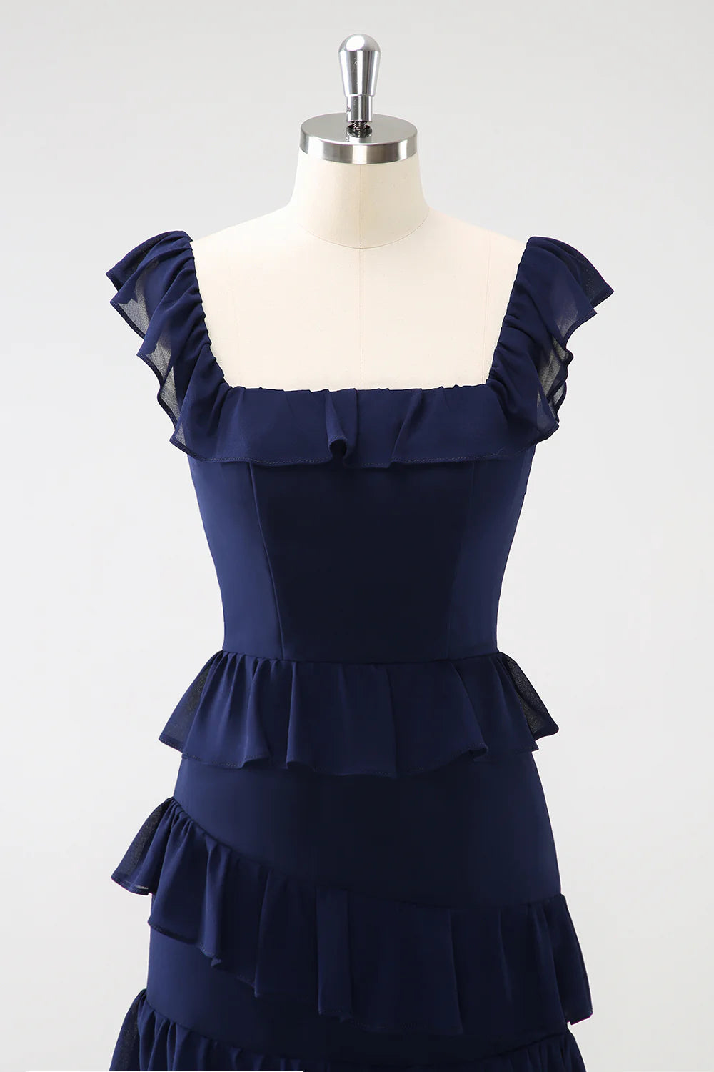 Dark Navy A Line Square Neck Tiered Long Chiffon Bridesmaid Dress with Ruffles