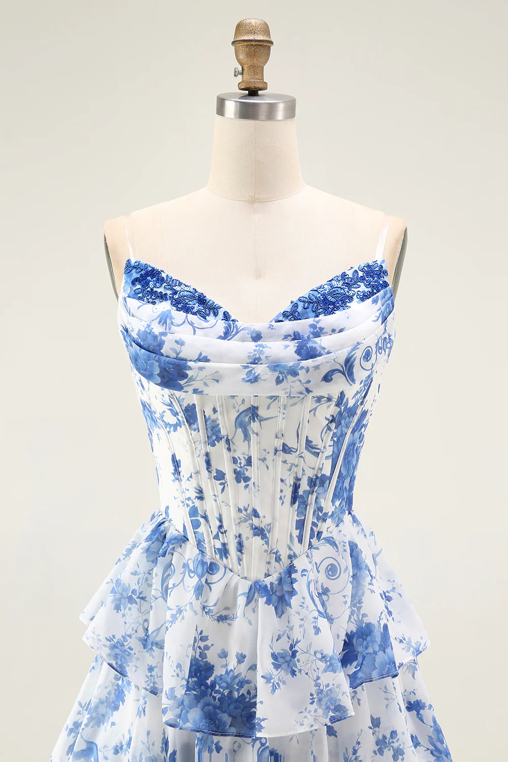 Strapless White Blue Flower A Line Tiered Corset Long Prom Dress with Slit