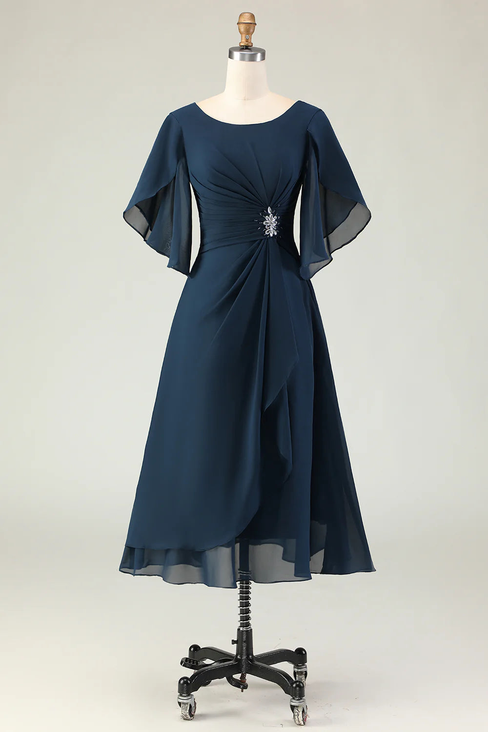 Navy A Line Ruched Chiffon Short Sleeves Chiffon Midi Dress with Rhinestones