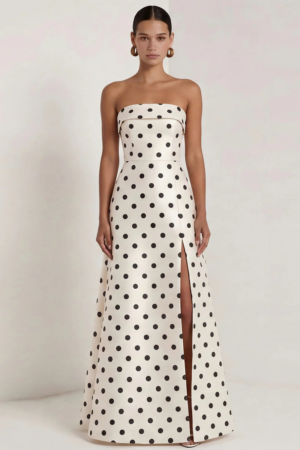Strapless Black White A Line Polka Dot Long Formal Dress with Slit