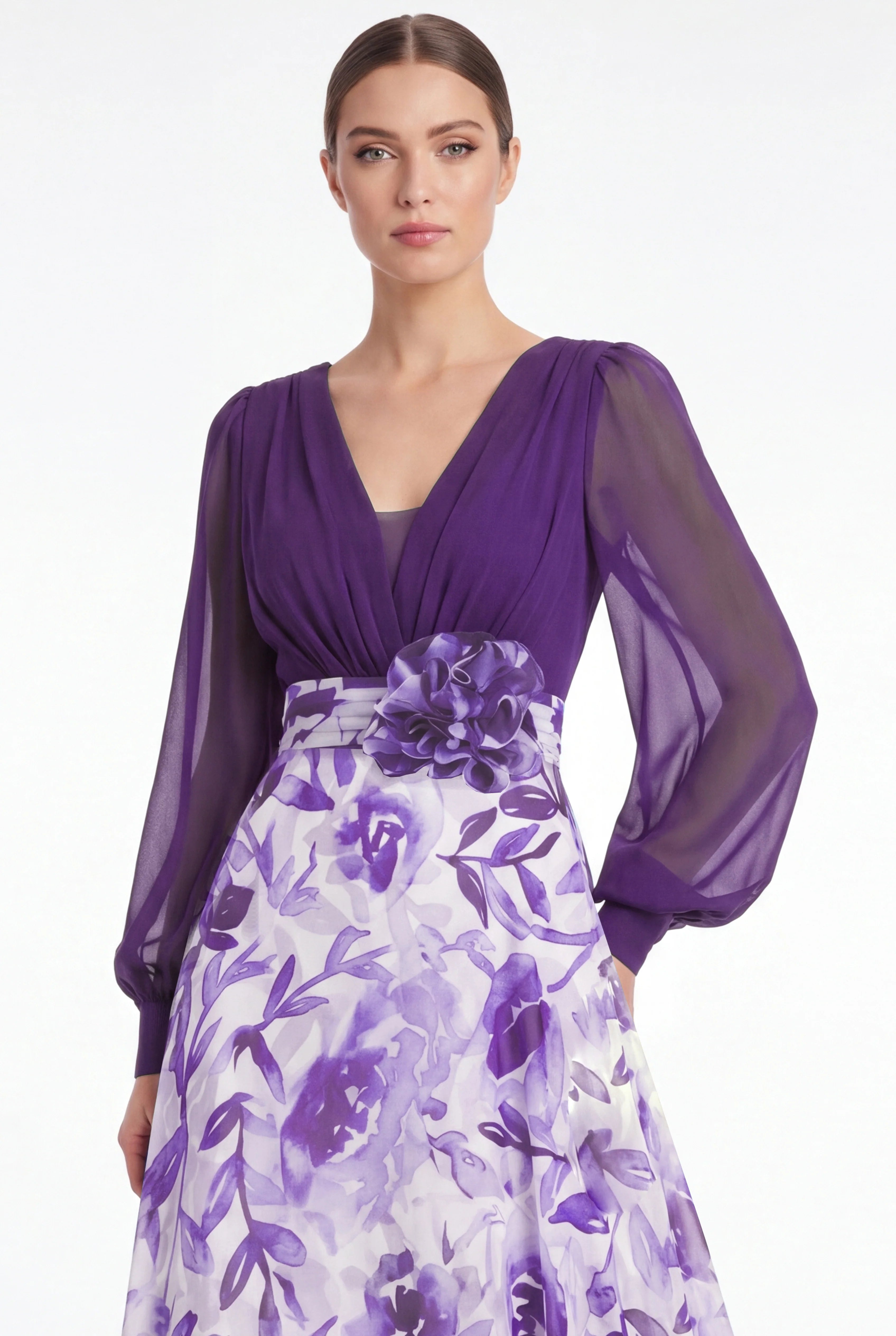 A Line Blue Flower V Neck Mother of the Bride Dress with Long Sleeves