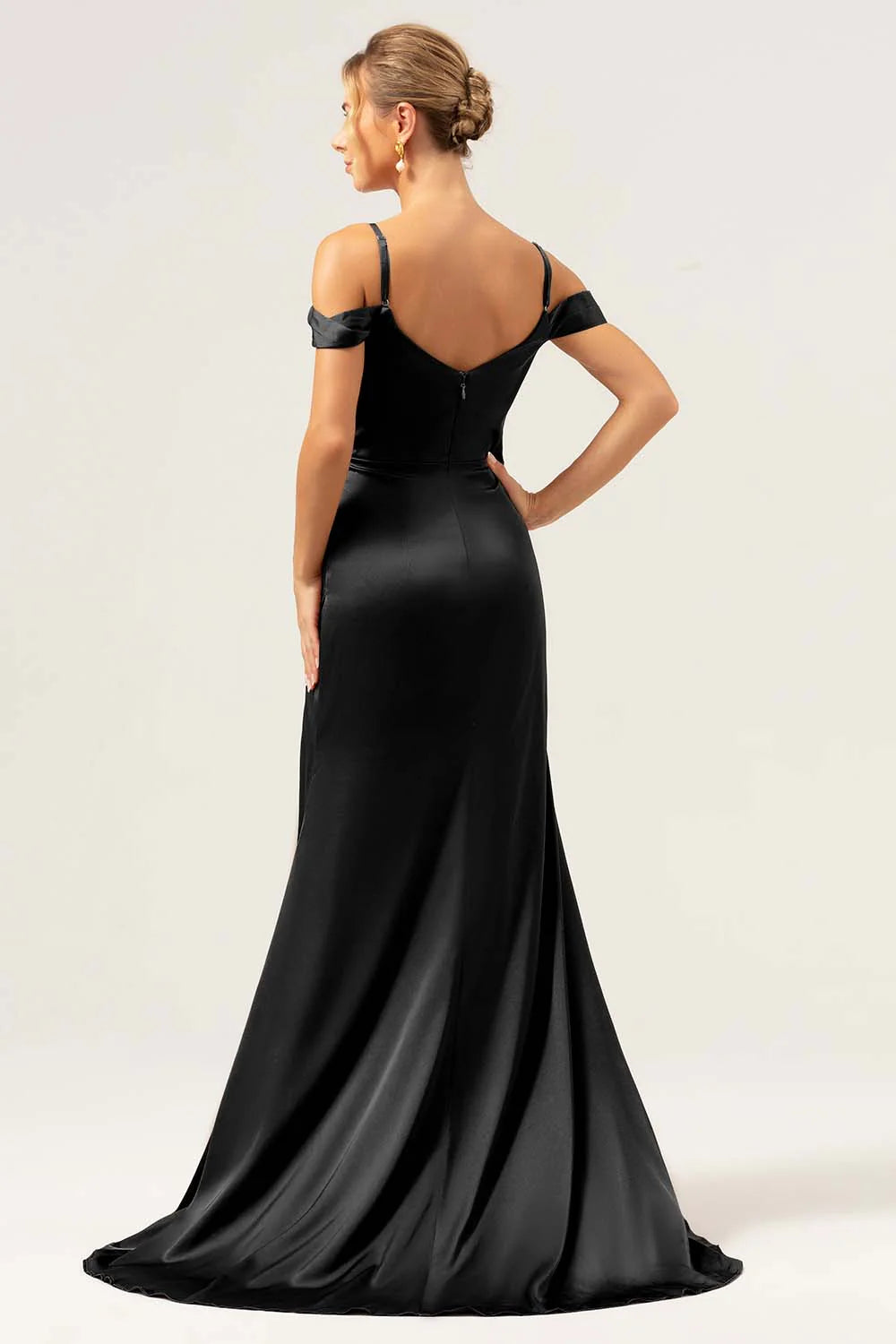 Dark Navy Mermaid Cold Shoulder Ruched Corset Long Satin Bridesmaid Dress with Slit