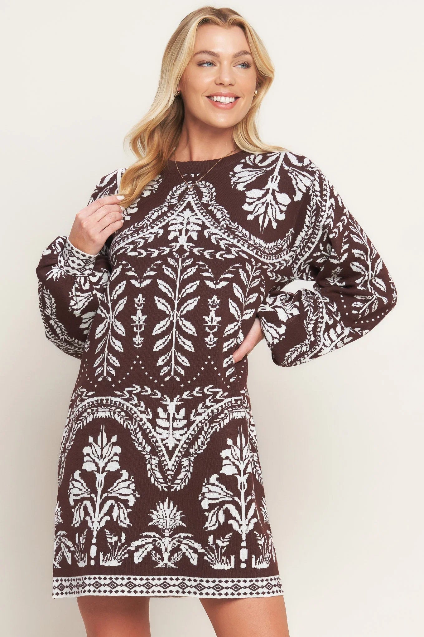 TERRA TAPESTRY BROWN SWEATER KNIT MINI DRESS