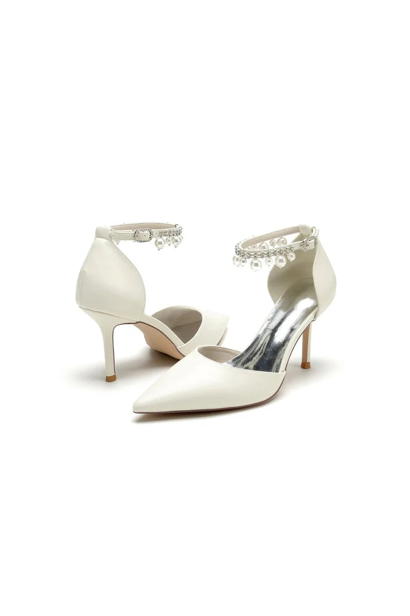 Satin Pointed Toe Pearl Beaded Ankle Strap Simple Wedding Shoes