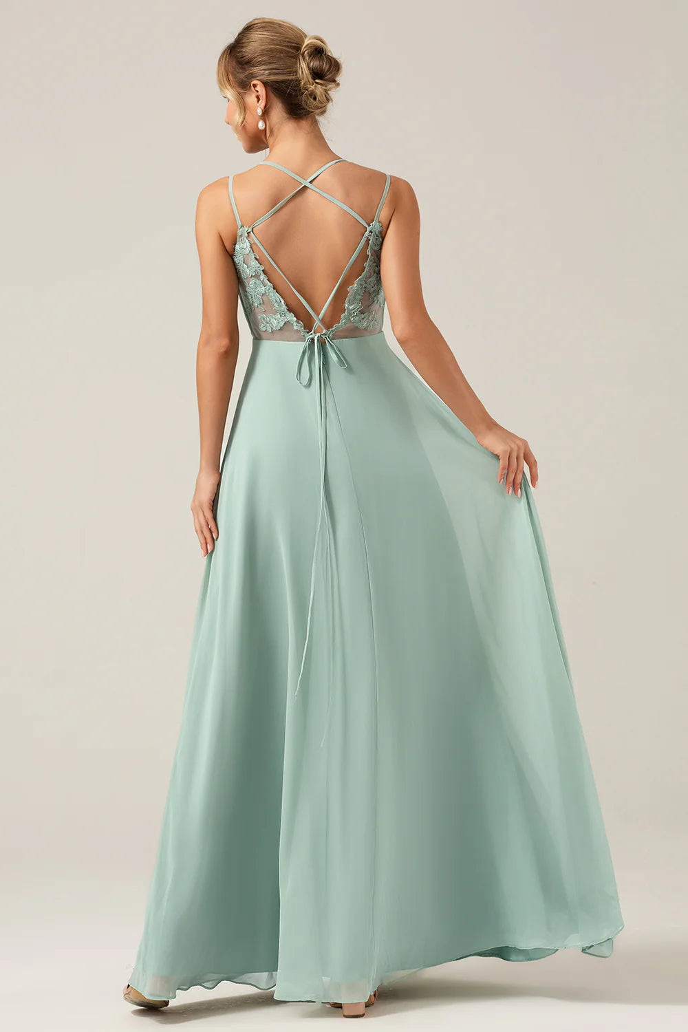 Matcha A Line Spaghetti Straps Chiffon Floor Length Bridesmaid Dress with Pleated
