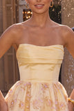 Light Yellow Strapless Floral A Line Short Homecoming Dress